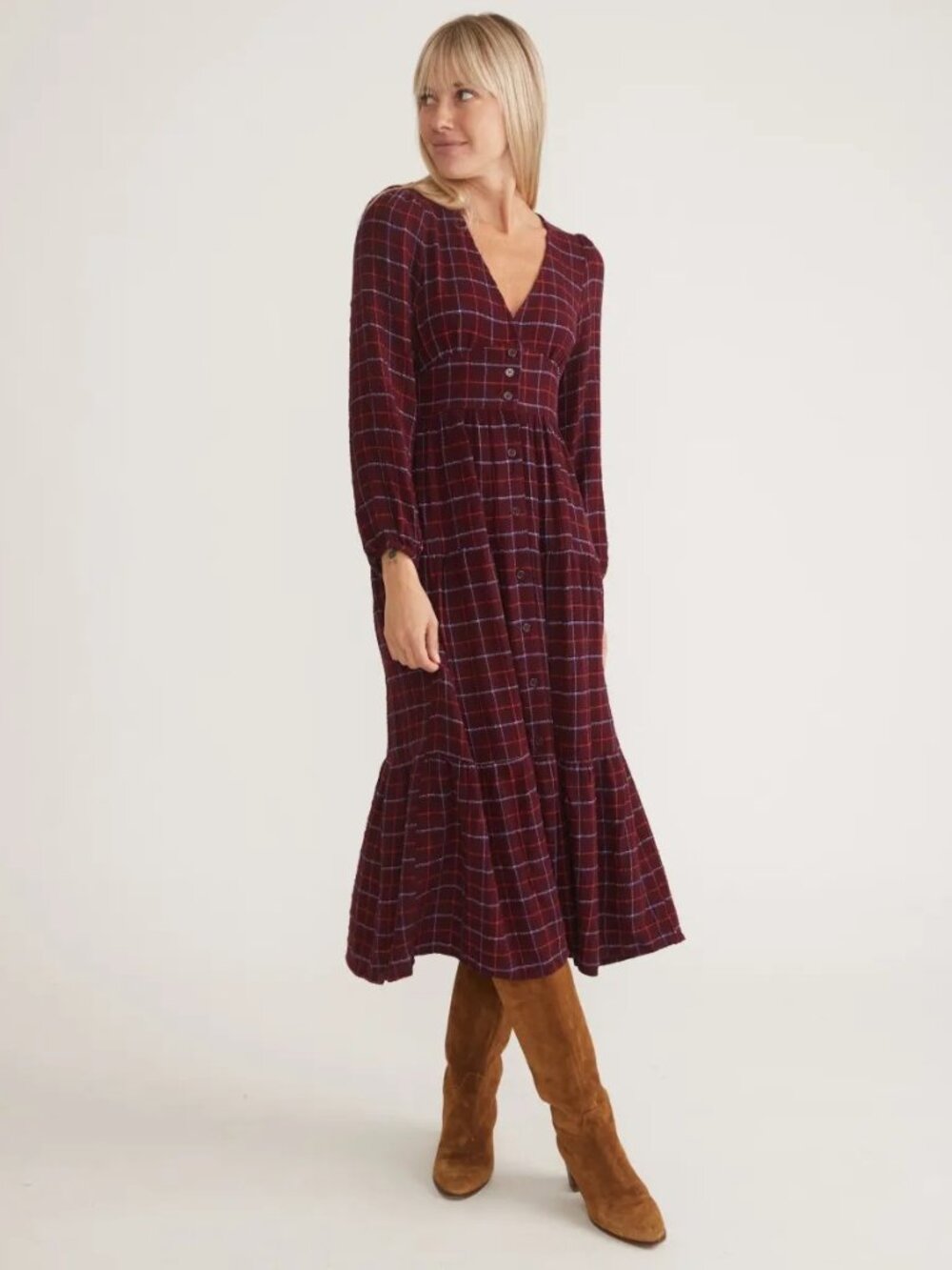 Marine Layer Maeve Plaid Maxi Long-Sleeve Dress